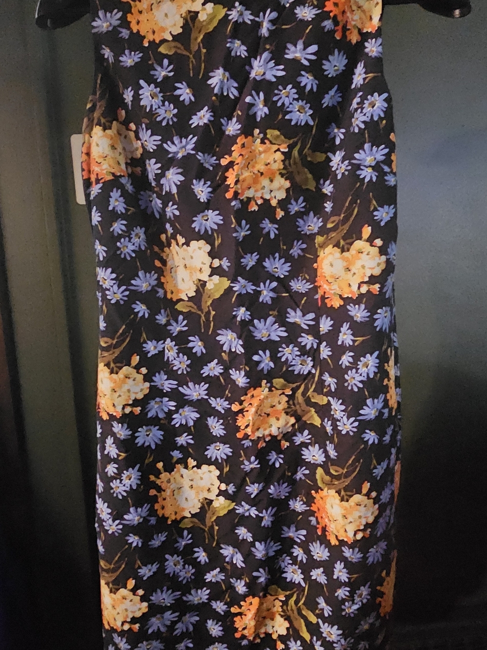 Black 90s Floral Midi Dress with Blue & Orange Blooms